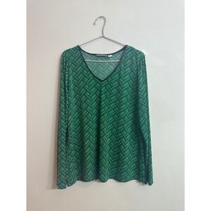 Susan Graver Womens Green Geometric V-Neck Long Sleeve Top Faux Leather Trim M